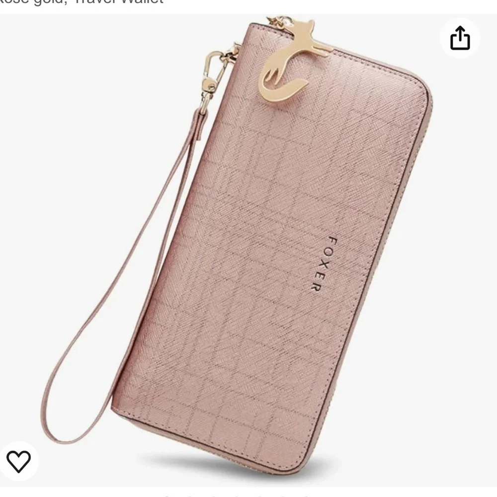 Foxer Women Leather Long Wristlet Wallet Clutch Rose Gold